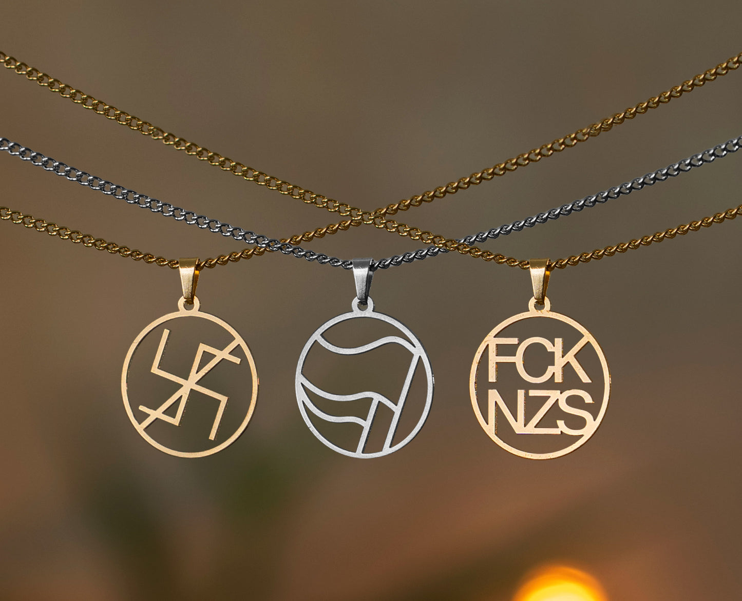 Anti-fascist Necklace | FCK NZS | Antifa | Gold and Silver | Different Shapes | From Germany | Jewellery